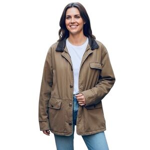 Vintage Woodlake Khaki Size L Leather Trim Collar Barn Coat